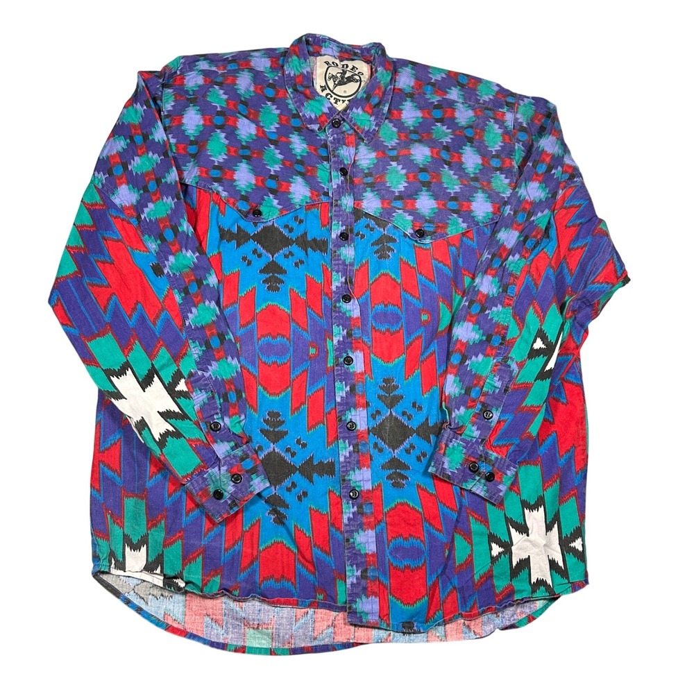 VTG 90s Brushpopper Western Shirt Rodeo Active Mens Southwestern Aztec Geometric